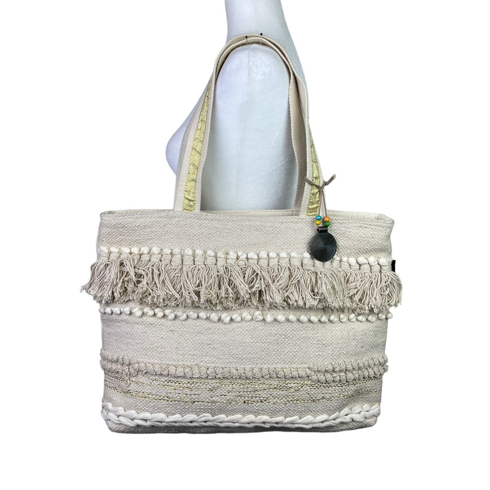 Catori Boho Hippie Fairy Woven Fabric Tote Bag Fringe Gold Trim Charm Cream